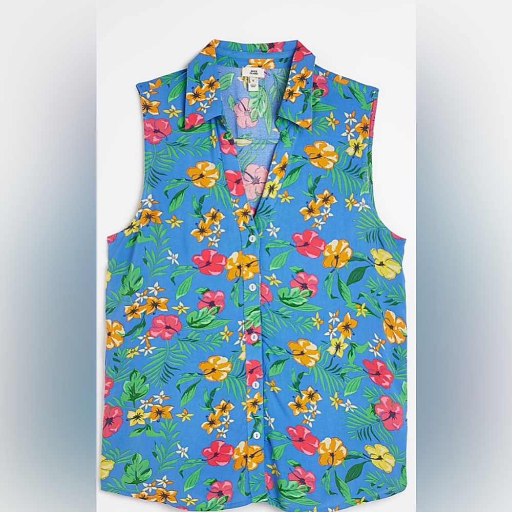 🏖️River Island Floral Sleeveless Button-Up Top.Like Brand New.